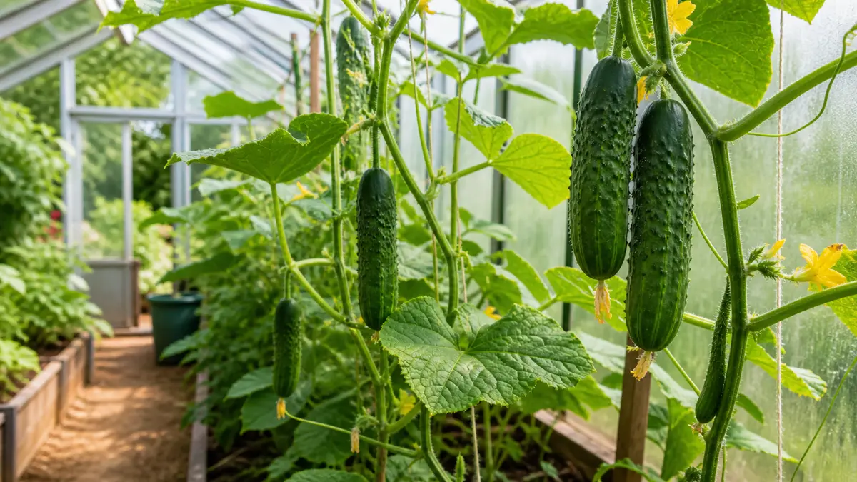 Cucumber shown as an editorial garden illustration in a lush northern garden setting