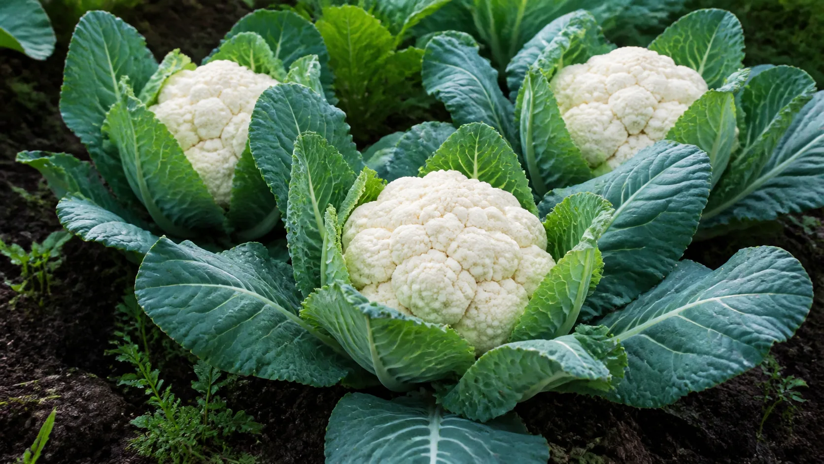 Cauliflower shown as an editorial garden illustration in a lush northern garden setting