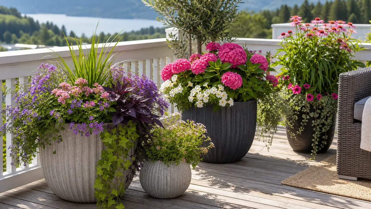 Flowers in containers shown as an editorial garden illustration in a lush northern garden setting