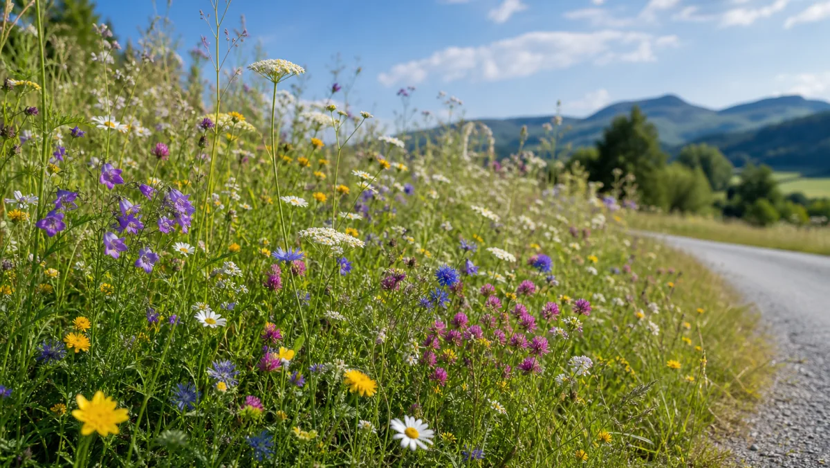 Roadside flowers shown as an editorial garden illustration in a lush northern garden setting