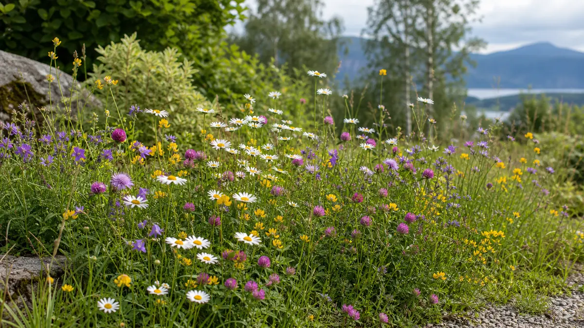 Wildflower meadow seed shown as an editorial garden illustration in a lush northern garden setting