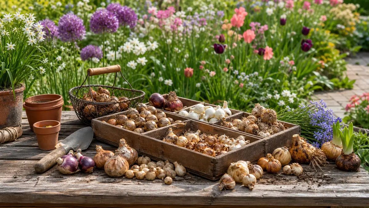Flower bulbs online shown as an editorial garden illustration in a lush northern garden setting
