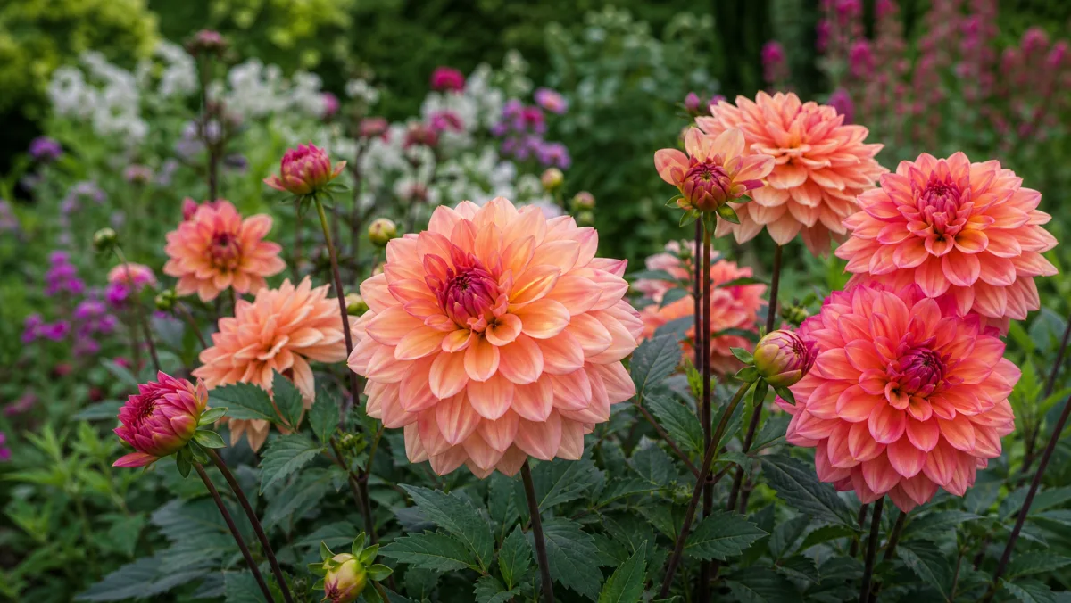 Dahlia 'American Dawn' shown as an editorial garden illustration in a lush northern garden setting