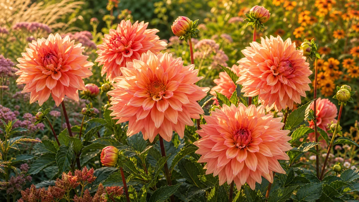 Dahlia 'Belle of Barmera' shown as an editorial garden illustration in a lush northern garden setting