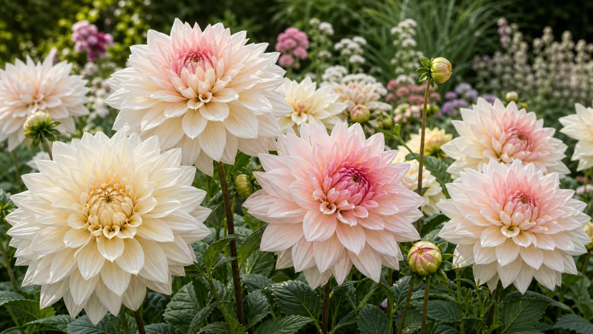 Dahlia 'Break Out' shown as an editorial garden illustration in a lush northern garden setting