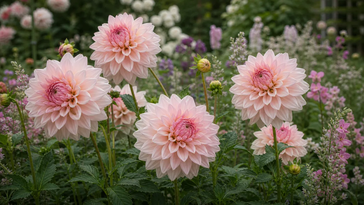 Dahlia 'Café au Lait Rose' shown as an editorial garden illustration in a lush northern garden setting