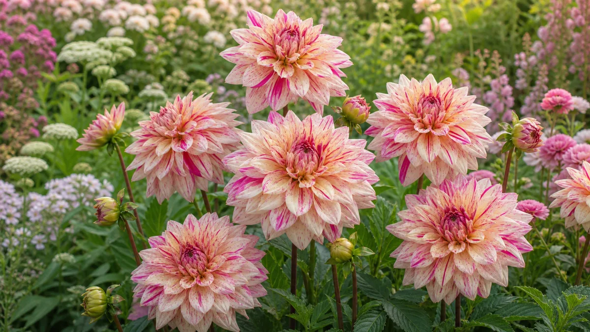 Dahlia 'Café au Lait Twist' shown as an editorial garden illustration in a lush northern garden setting