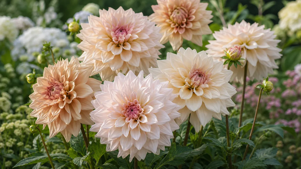 Dahlia 'Café au Lait' shown as an editorial garden illustration in a lush northern garden setting