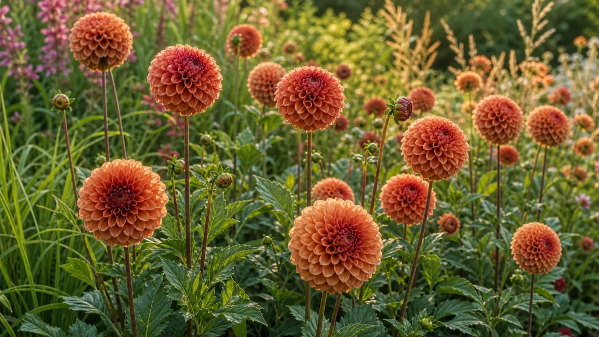 Dahlia 'Cornel Brons' shown as an editorial garden illustration in a lush northern garden setting