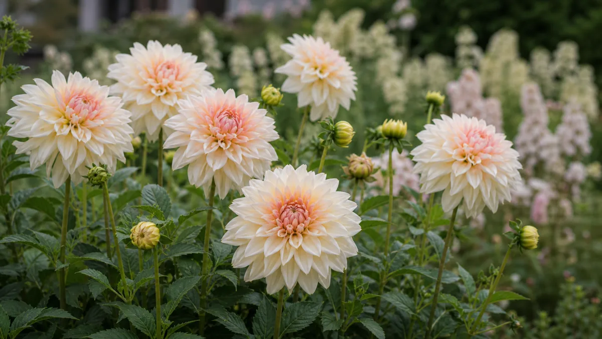 Dahlia 'Diana's Memory' shown as an editorial garden illustration in a lush northern garden setting