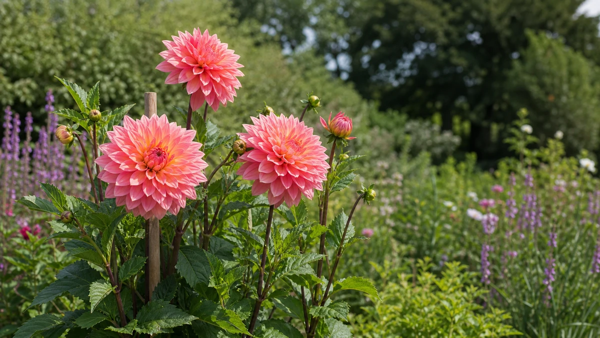 Peachy-pink decorative dahlias beside visible support stakes in a sunny border