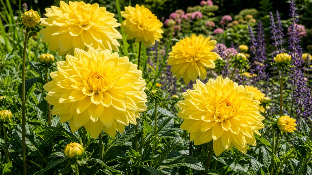 Dahlia 'Fairway Spur' shown as an editorial garden illustration in a lush northern garden setting