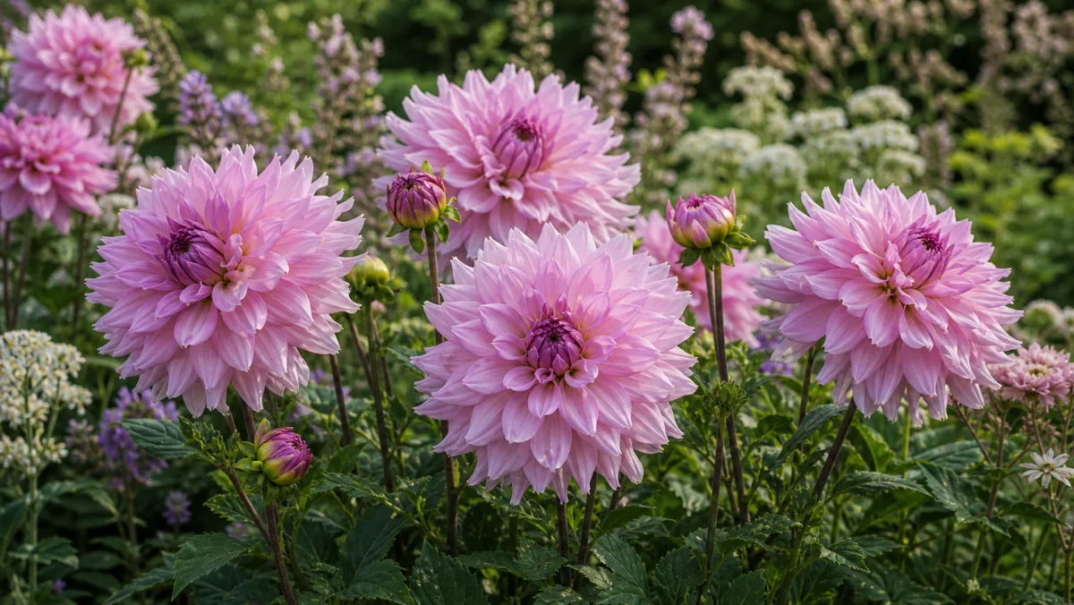 Dahlia 'Lavender Perfection' shown as an editorial garden illustration in a lush northern garden setting
