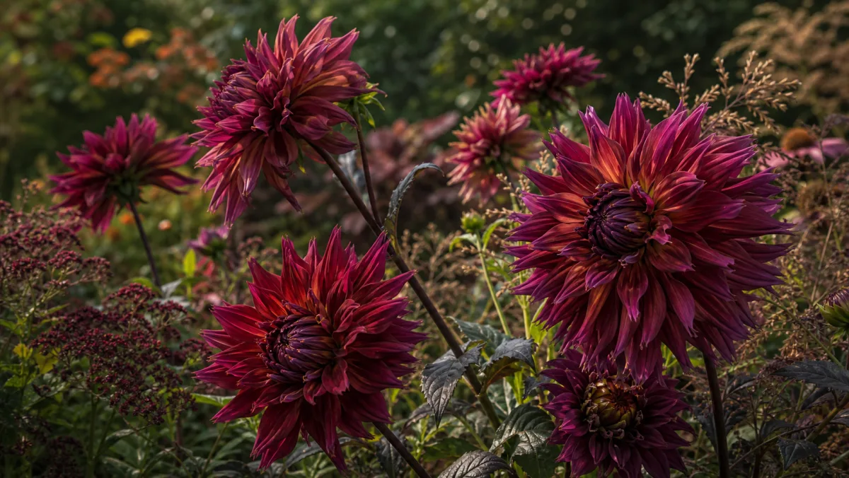 Dahlia 'Penhill Dark Monarch' shown as an editorial garden illustration in a lush northern garden setting