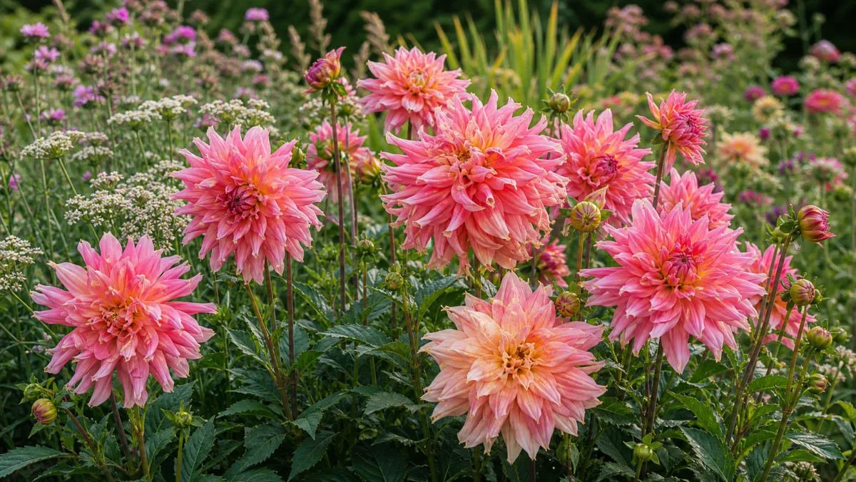 Dahlia 'Penhill Watermelon' shown as an editorial garden illustration in a lush northern garden setting
