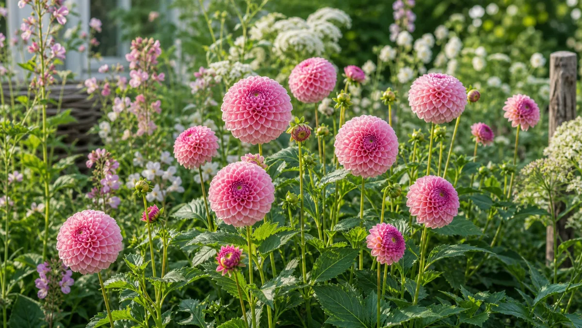 Dahlia 'Stolze von Berlin' shown as an editorial garden illustration in a lush northern garden setting