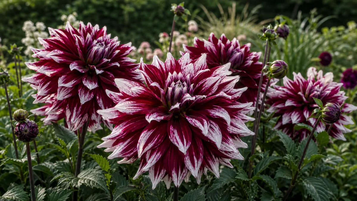 Dahlia 'Tartan' shown as an editorial garden illustration in a lush northern garden setting