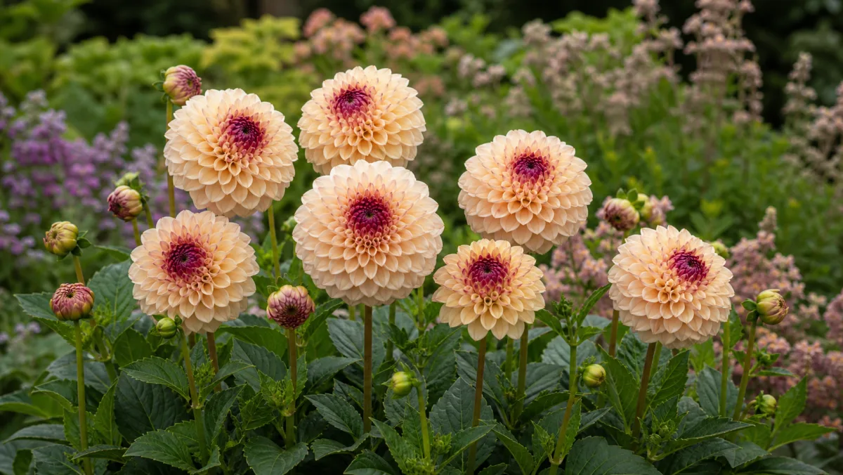 Dahlia 'Wine Eyed Jill' shown as an editorial garden illustration in a lush northern garden setting