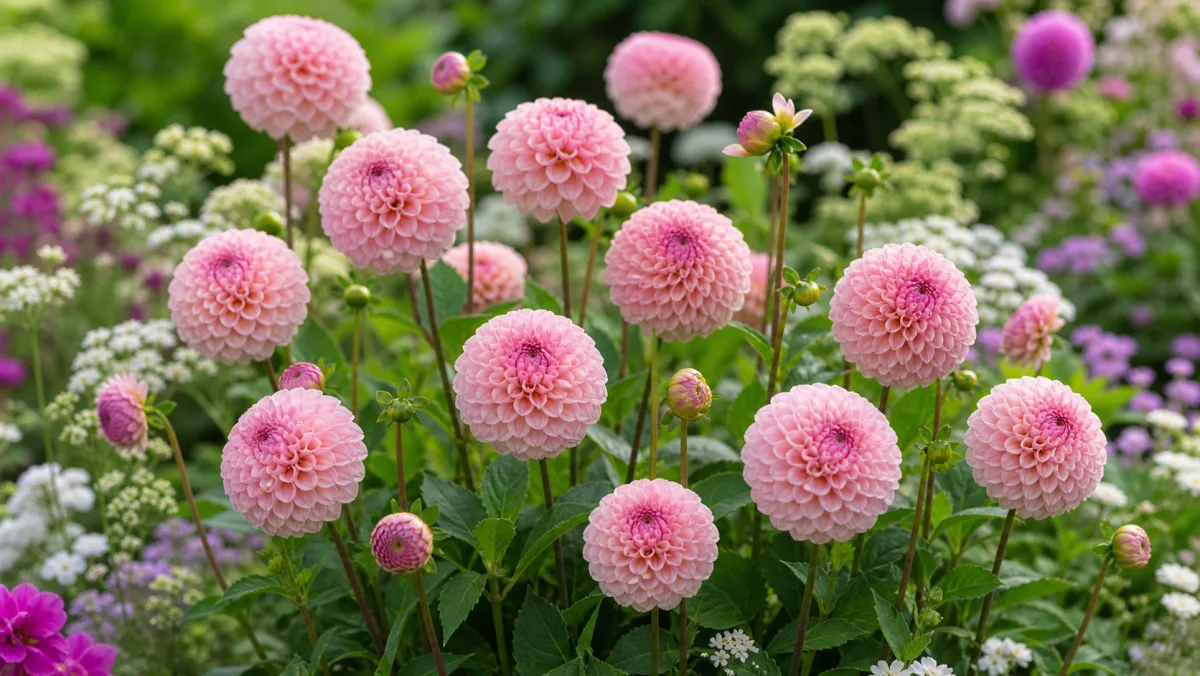 Dahlia 'Wizard of Oz' shown as an editorial garden illustration in a lush northern garden setting