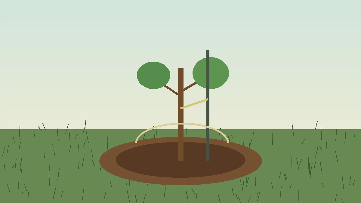 Apple trees: planting depth and support shown as a garden illustration
