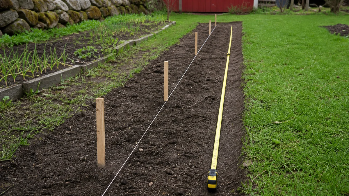 Tape measure and string marking the line for a new apple tree hedge