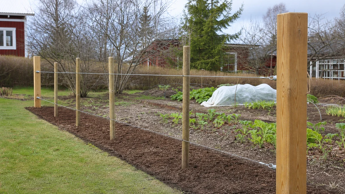 Wooden posts and horizontal wires ready for an apple hedge
