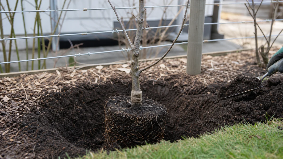 Young apple tree planted with graft union above soil level