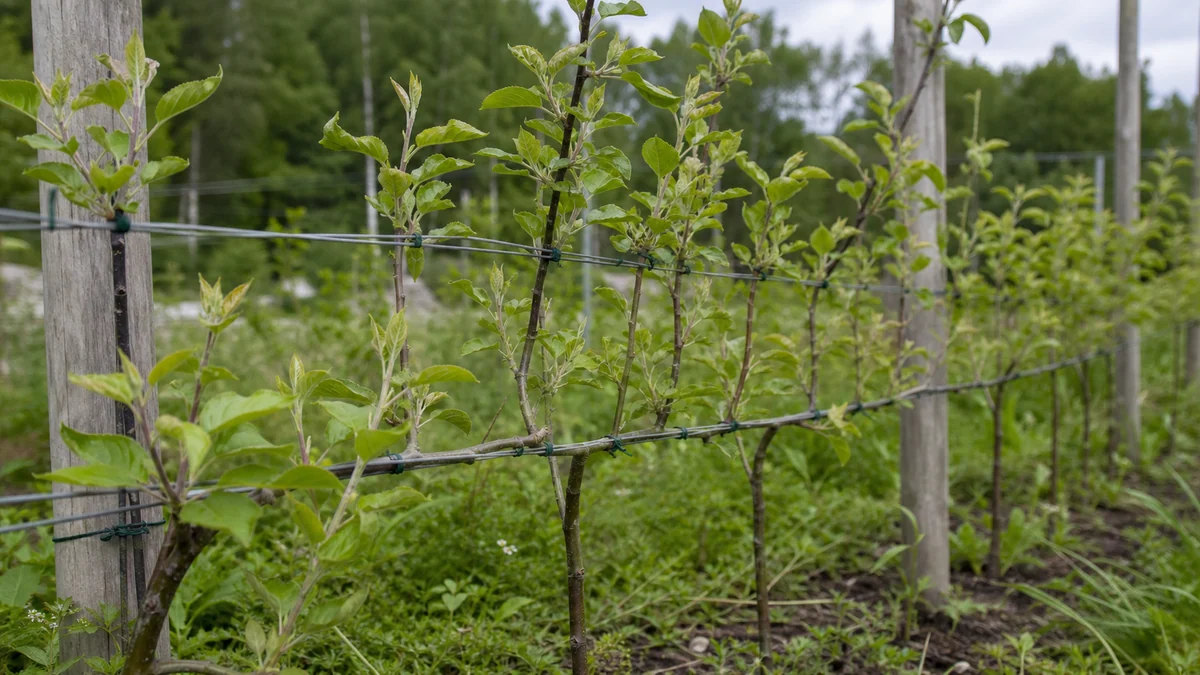 Young apple shoots tied softly to espalier wire