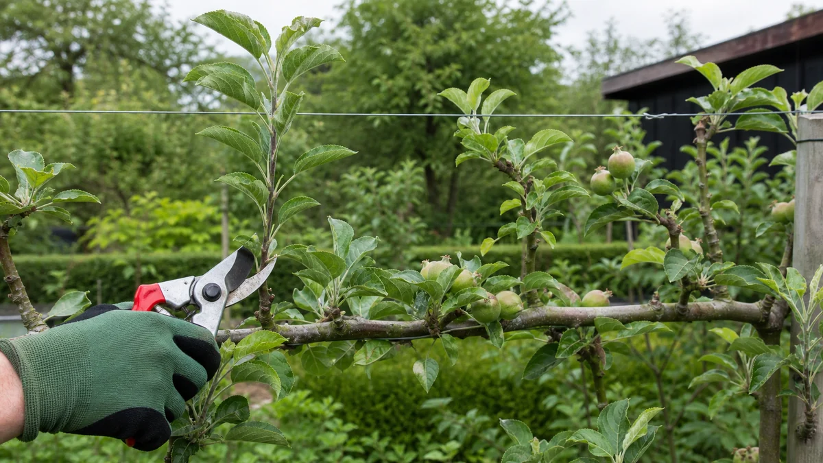 Summer pruning side shoots on an apple tree hedge