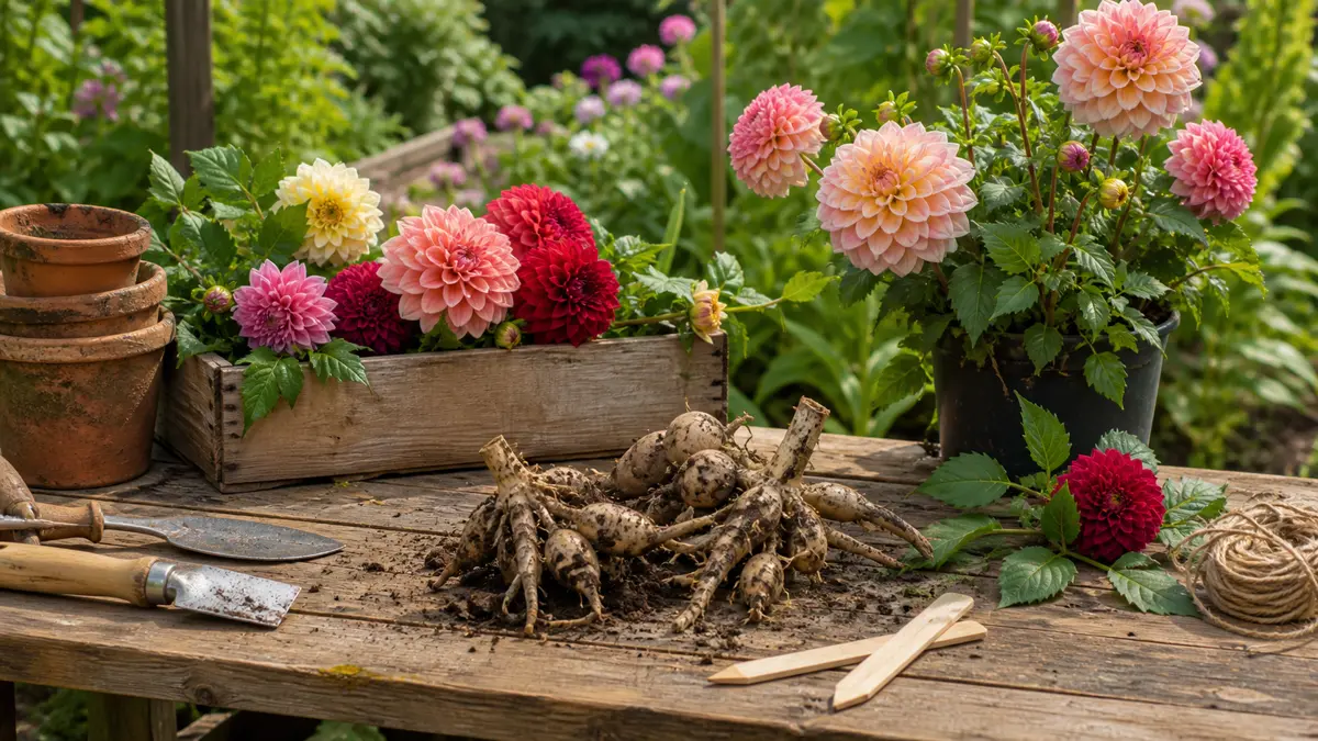 Dahlia tubers online shown as an editorial garden illustration in a lush northern garden setting