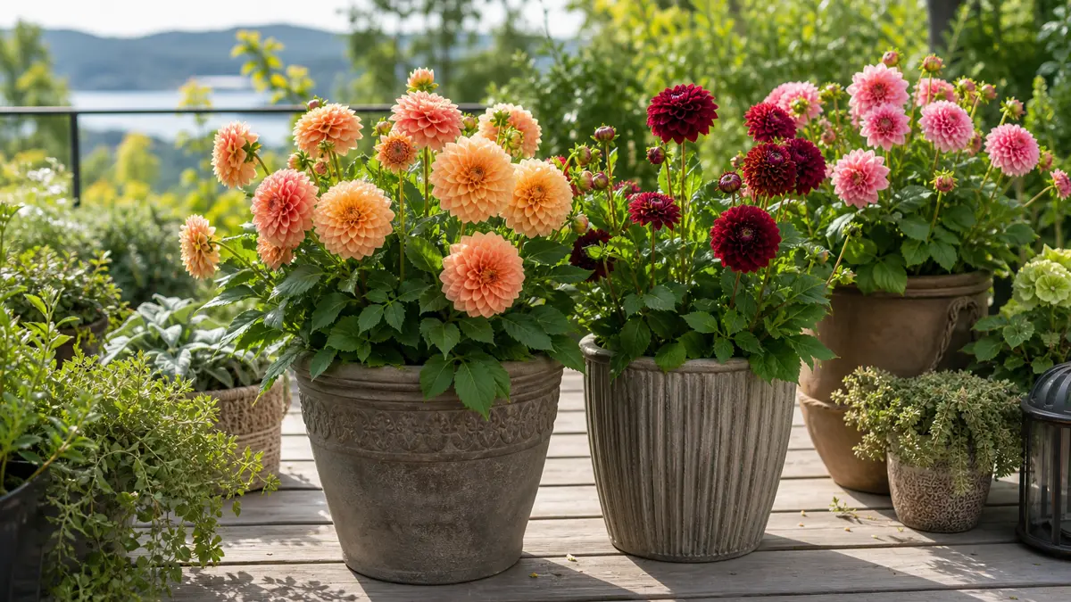 Dahlias in containers shown as an editorial garden illustration in a lush northern garden setting
