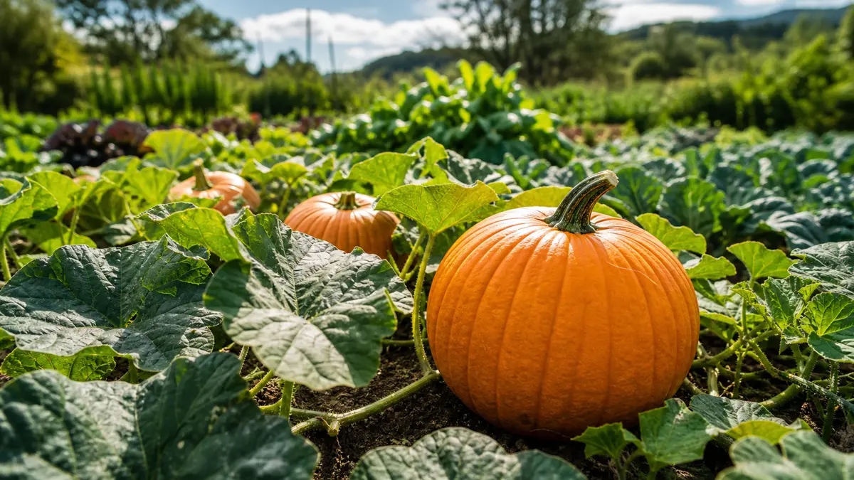 Pumpkin shown as an editorial garden illustration in a lush northern garden setting