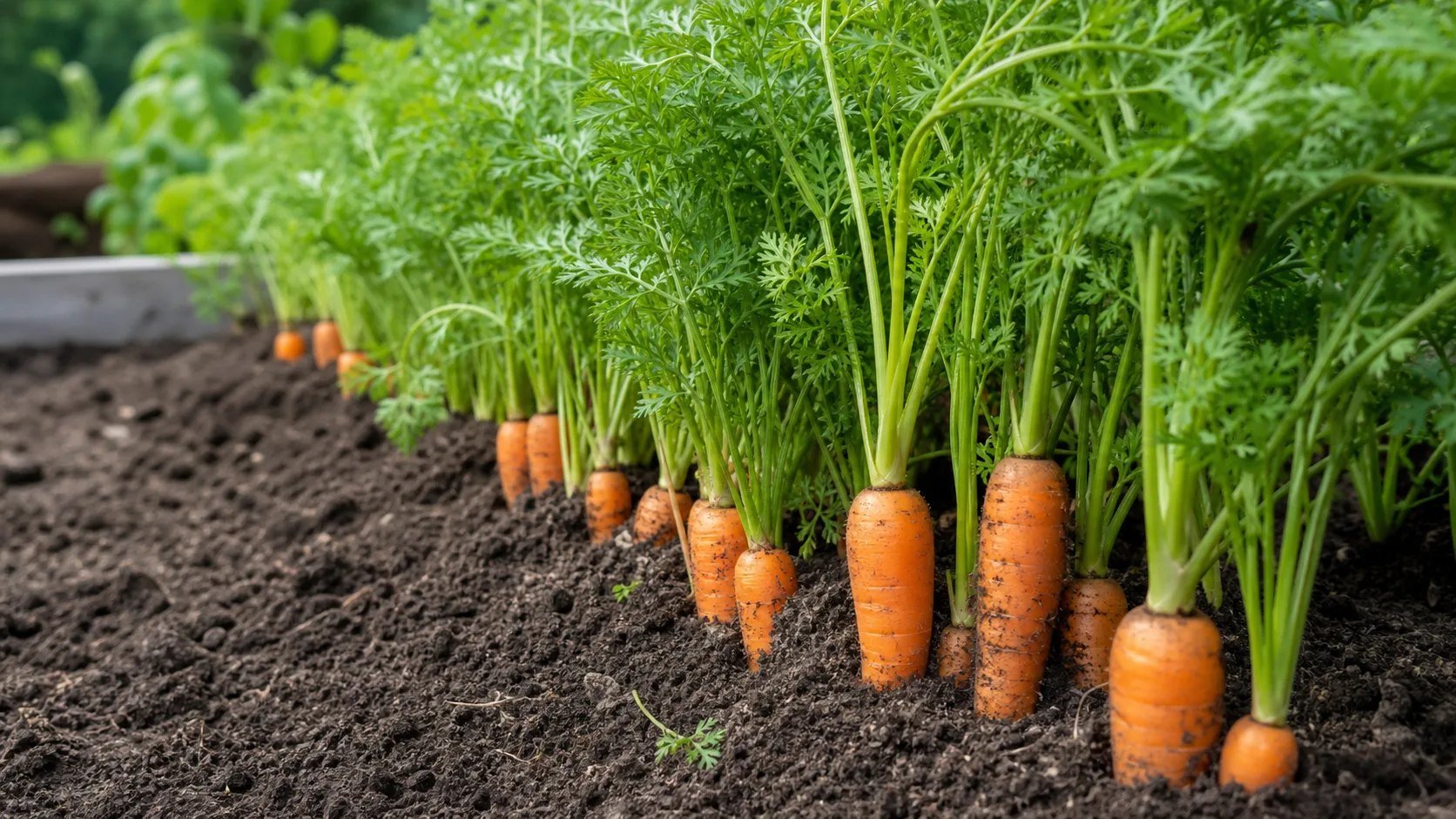 Carrots shown as an editorial garden illustration in a lush northern garden setting