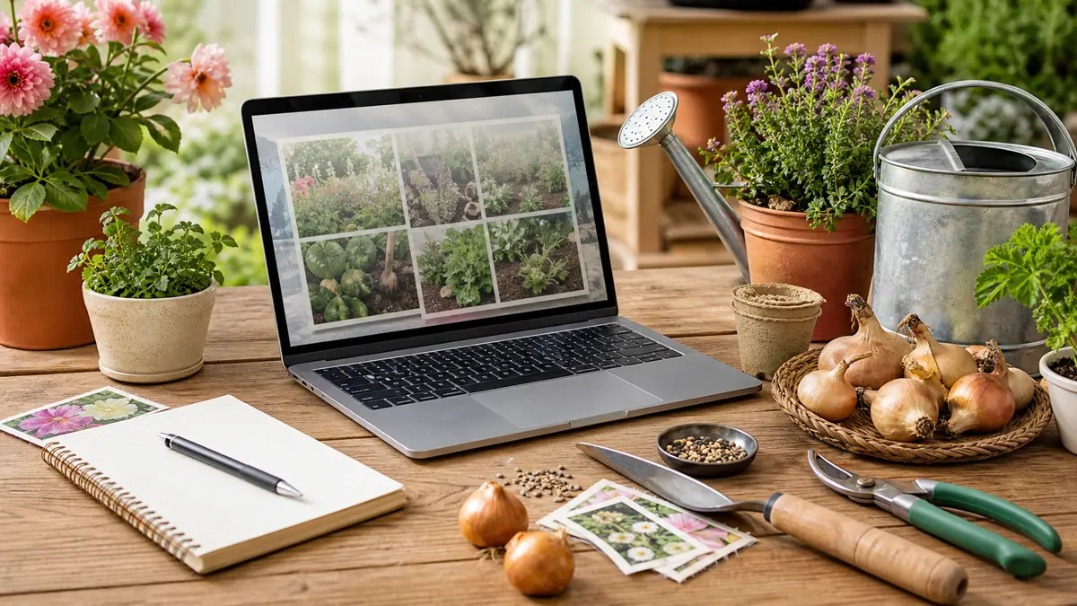 Online garden shop shown as an editorial garden illustration in a lush northern garden setting