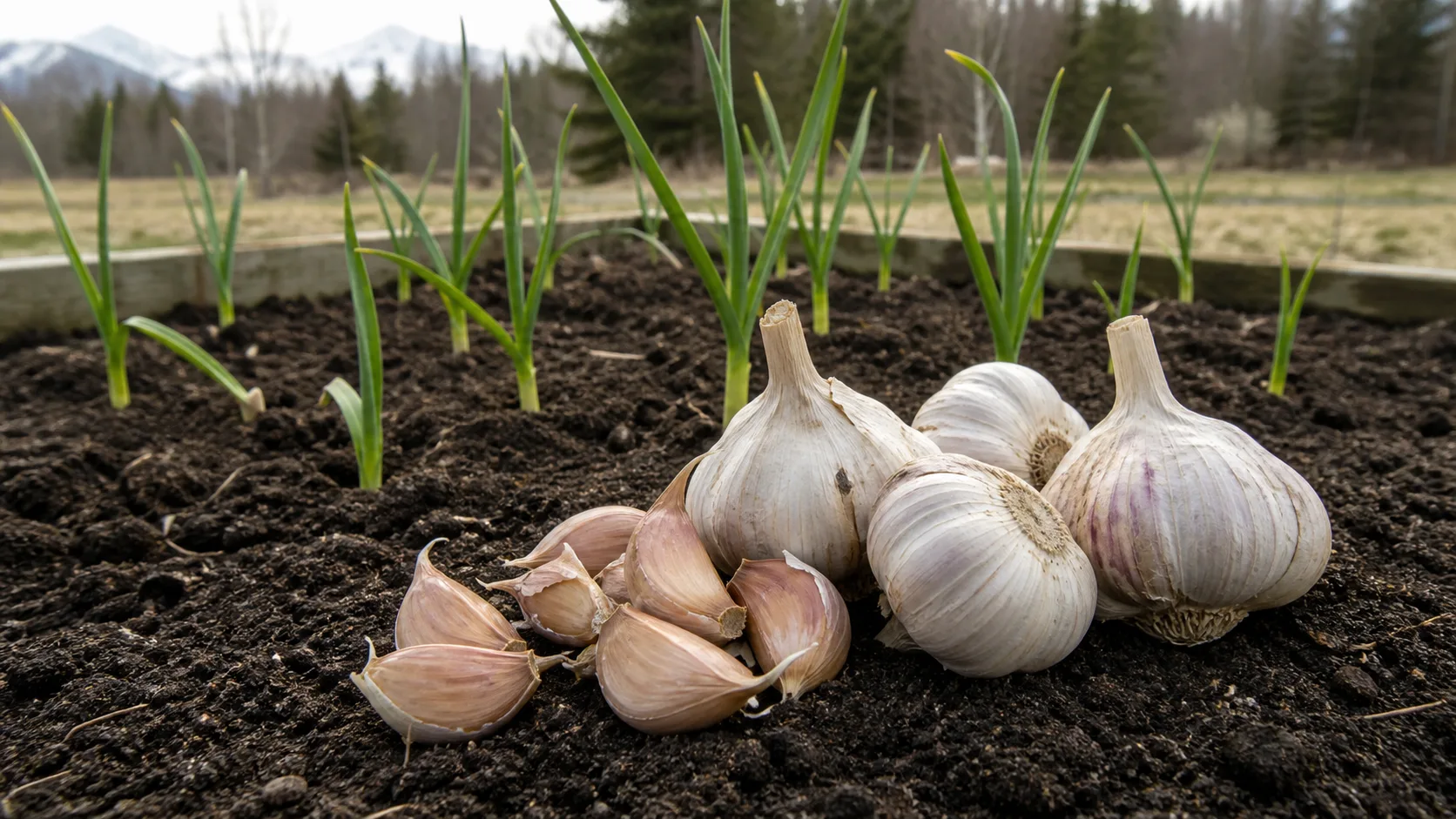 Garlic shown as an editorial garden illustration in a lush northern garden setting