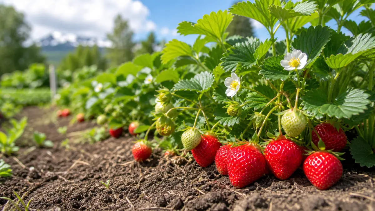 Strawberries shown as an editorial garden illustration in a lush northern garden setting