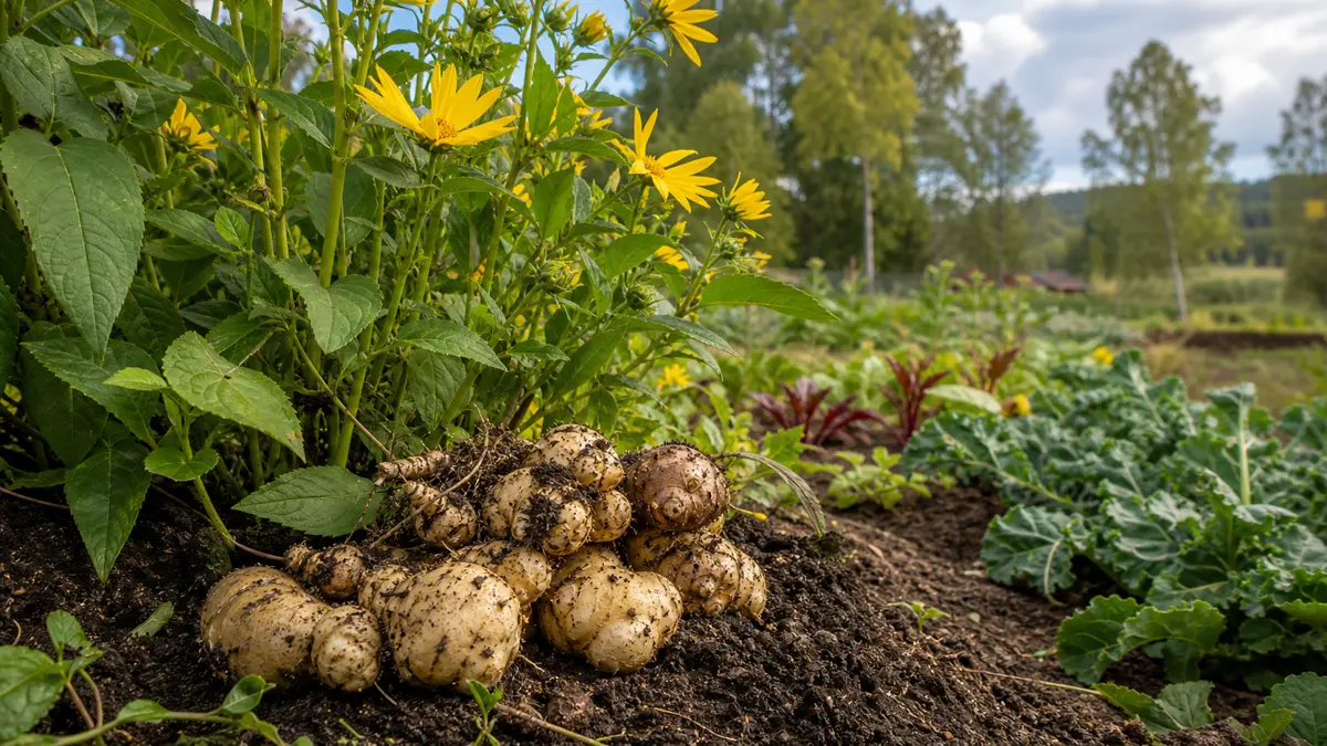 Jerusalem artichoke shown as an editorial garden illustration in a lush northern garden setting