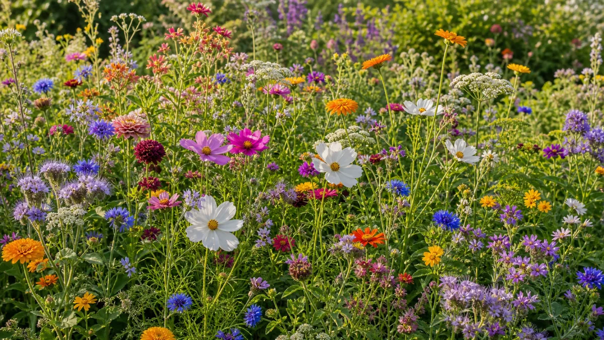 Organic annual flower mix shown as an editorial garden illustration in a lush northern garden setting