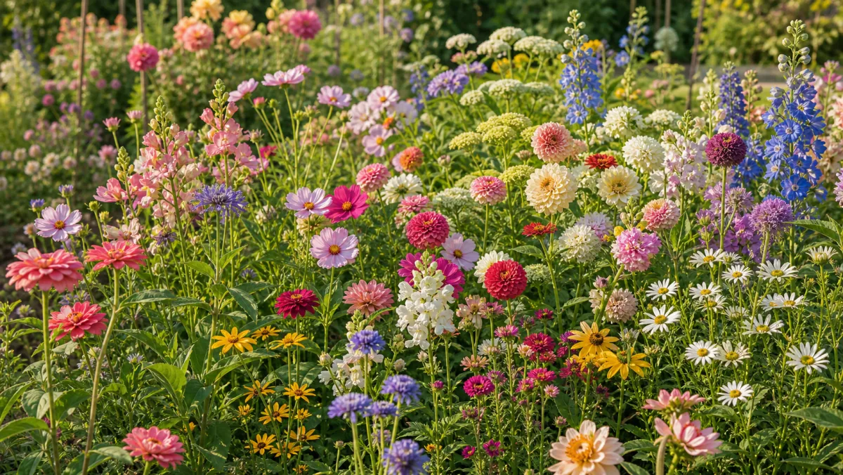 Organic cut flower seed mix shown as an editorial garden illustration in a lush northern garden setting