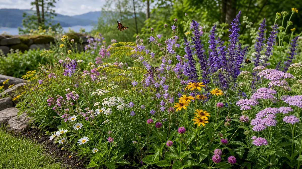 Pollinator-friendly flowers shown as an editorial garden illustration in a lush northern garden setting