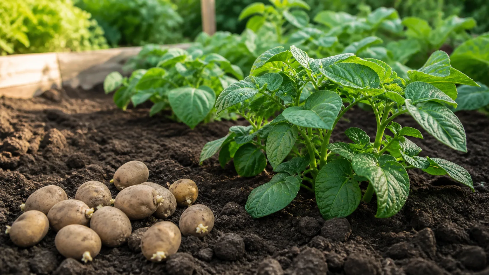 Potatoes shown as an editorial garden illustration in a lush northern garden setting