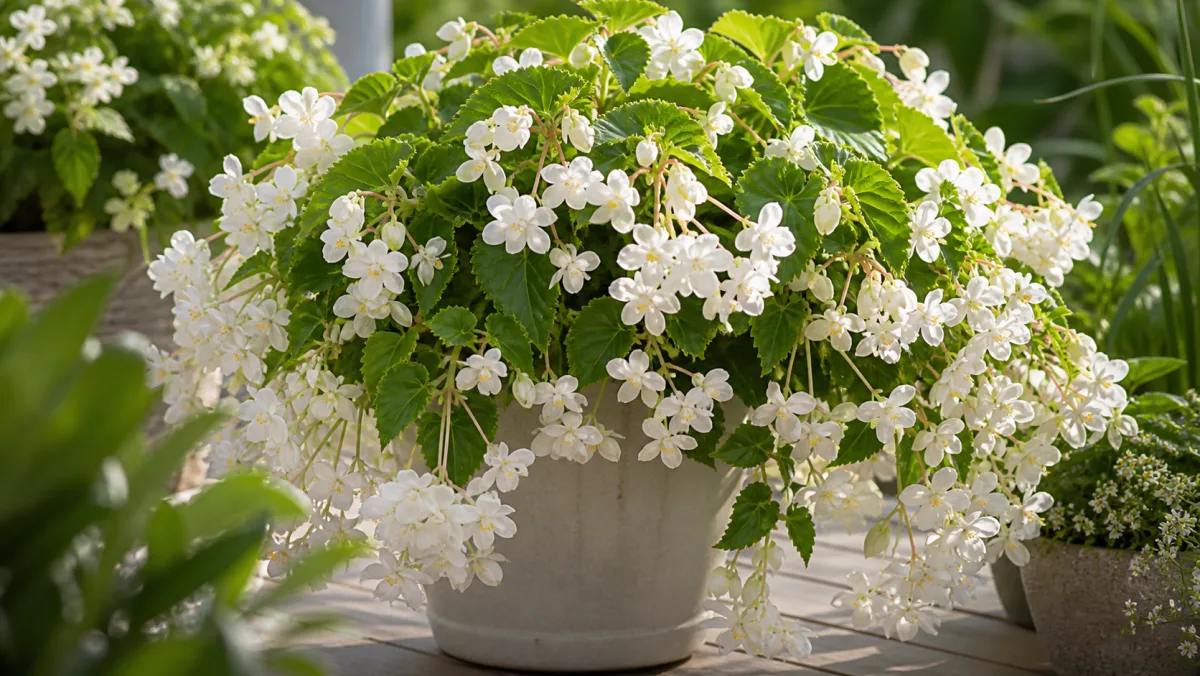 Skaugumbegonia 'Santa Barbara' shown as an editorial garden illustration in a lush northern garden setting