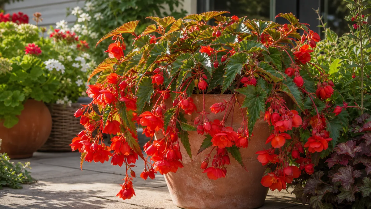 Skaugumbegonia 'Santa Cruz' shown as an editorial garden illustration in a lush northern garden setting