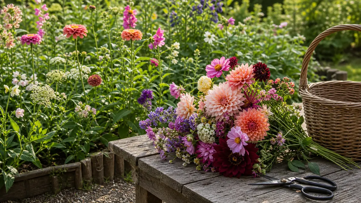 Cut flowers from seed shown as an editorial garden illustration in a lush northern garden setting