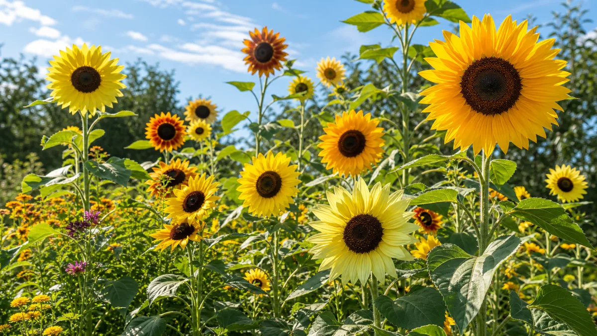 Sunflower Rays seed mix shown as an editorial garden illustration in a lush northern garden setting
