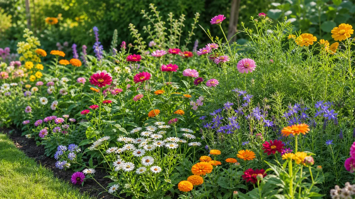 Annual flowers from seed shown as an editorial garden illustration in a lush northern garden setting