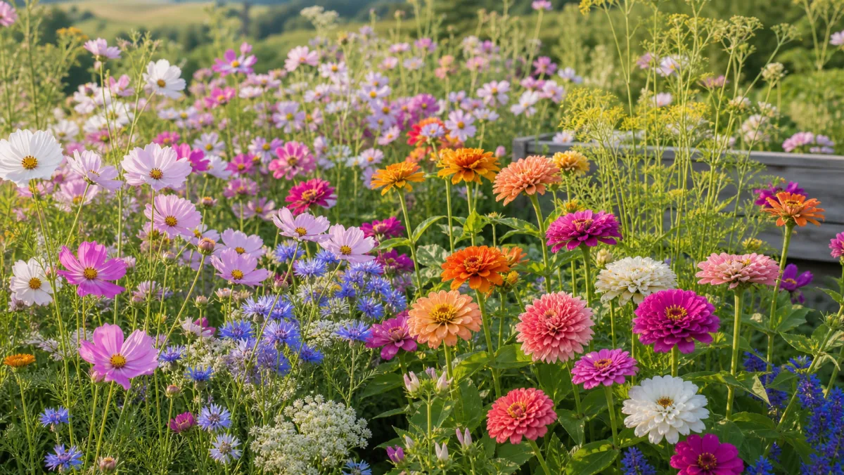 Summer cut flowers shown as an editorial garden illustration in a lush northern garden setting