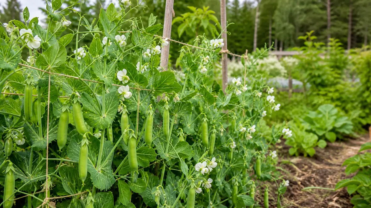Sugar snap peas shown as an editorial garden illustration in a lush northern garden setting