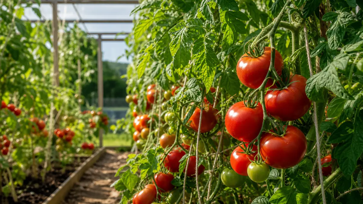 Tomatoes shown as an editorial garden illustration in a lush northern garden setting